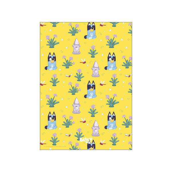 A whimsical pattern featuring Bluey characters meditating amidst purple flowers and red dragonflies on a bright yellow background, evoking a playful and peaceful atmosphere.