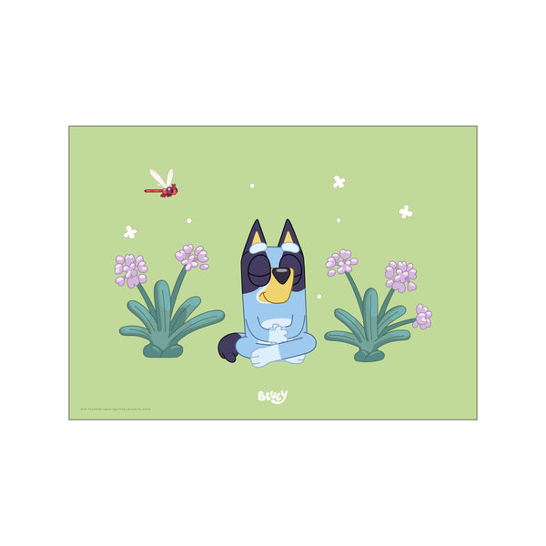 A cheerful blue dog sits in a meditative pose in a pale green meadow, surrounded by purple flowers, with a small red dragonfly and white blossoms floating nearby.