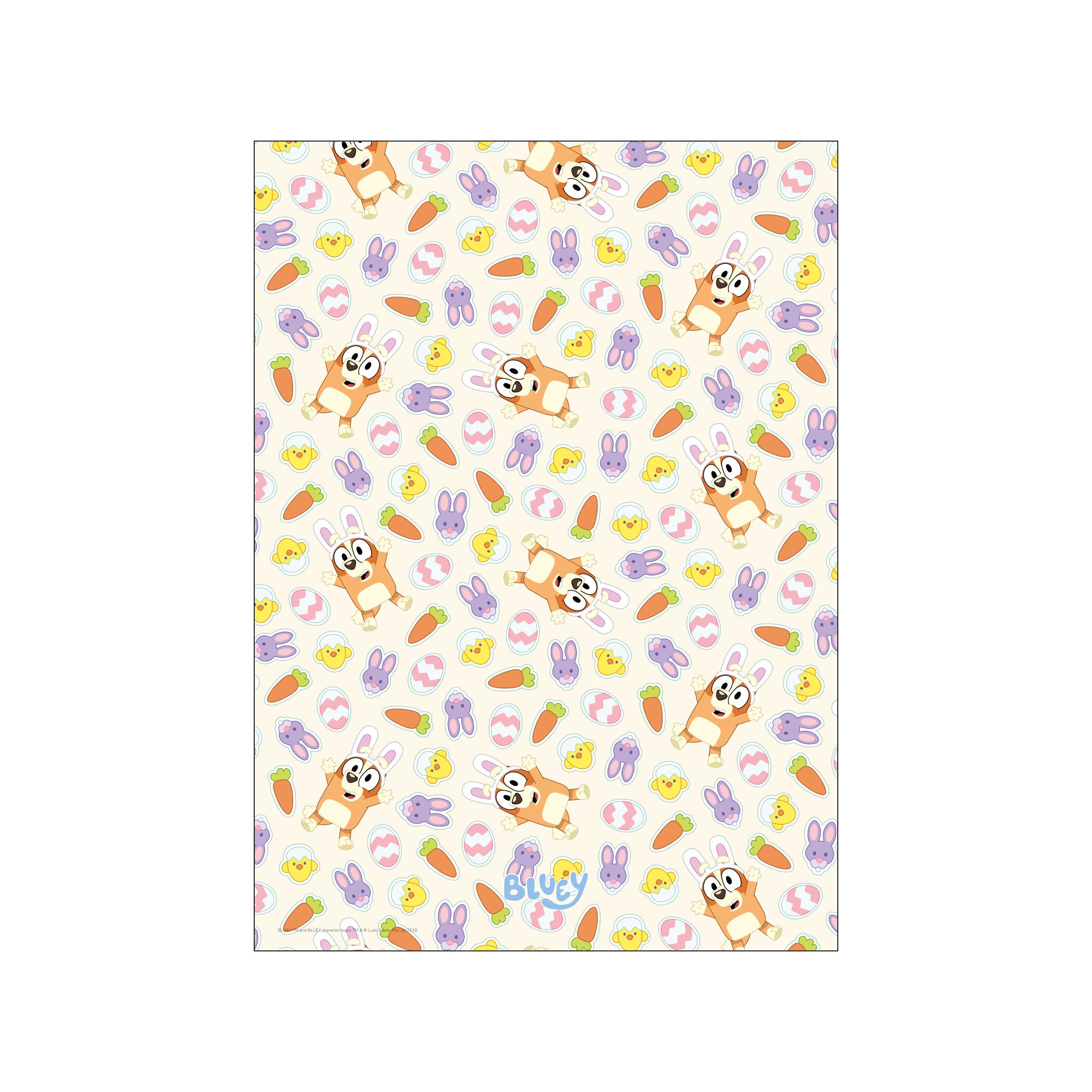 A cheerful, repeating pattern featuring the character Bluey dressed as a bunny, alongside colorful Easter eggs, cute chicks, and orange carrots on a light cream background.