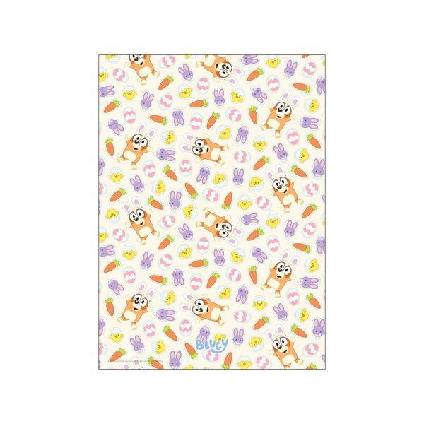A cheerful, repeating pattern featuring the character Bluey dressed as a bunny, alongside colorful Easter eggs, cute chicks, and orange carrots on a light cream background.