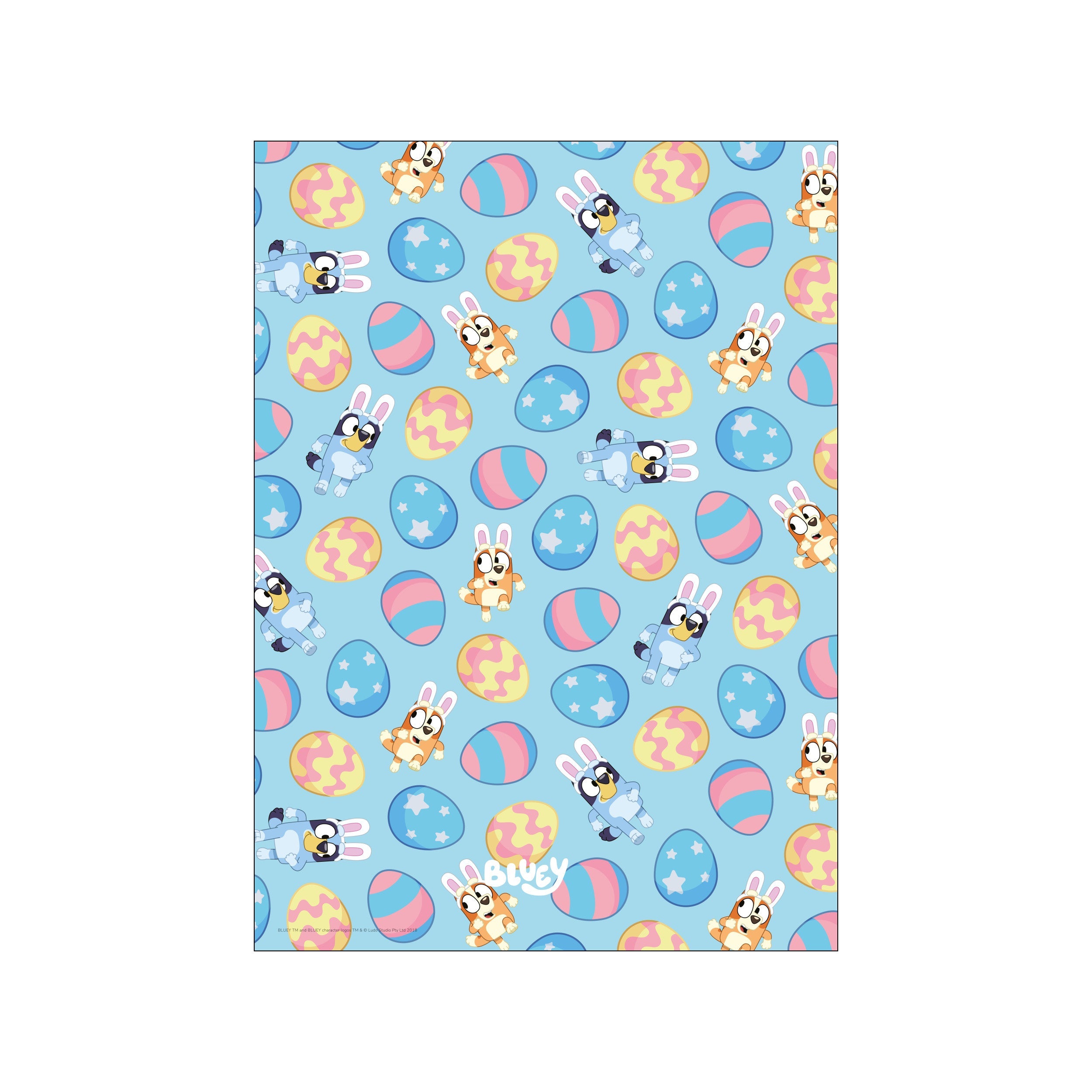 A vibrant pattern of Bluey characters dressed as bunnies, scattered amongst colorful Easter eggs in shades of pink, yellow, and blue against a sky-blue background.