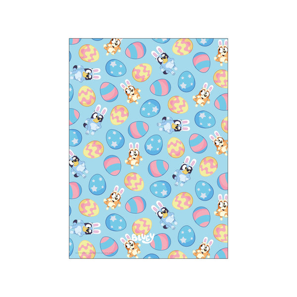 A vibrant pattern of Bluey characters dressed as bunnies, scattered amongst colorful Easter eggs in shades of pink, yellow, and blue against a sky-blue background.