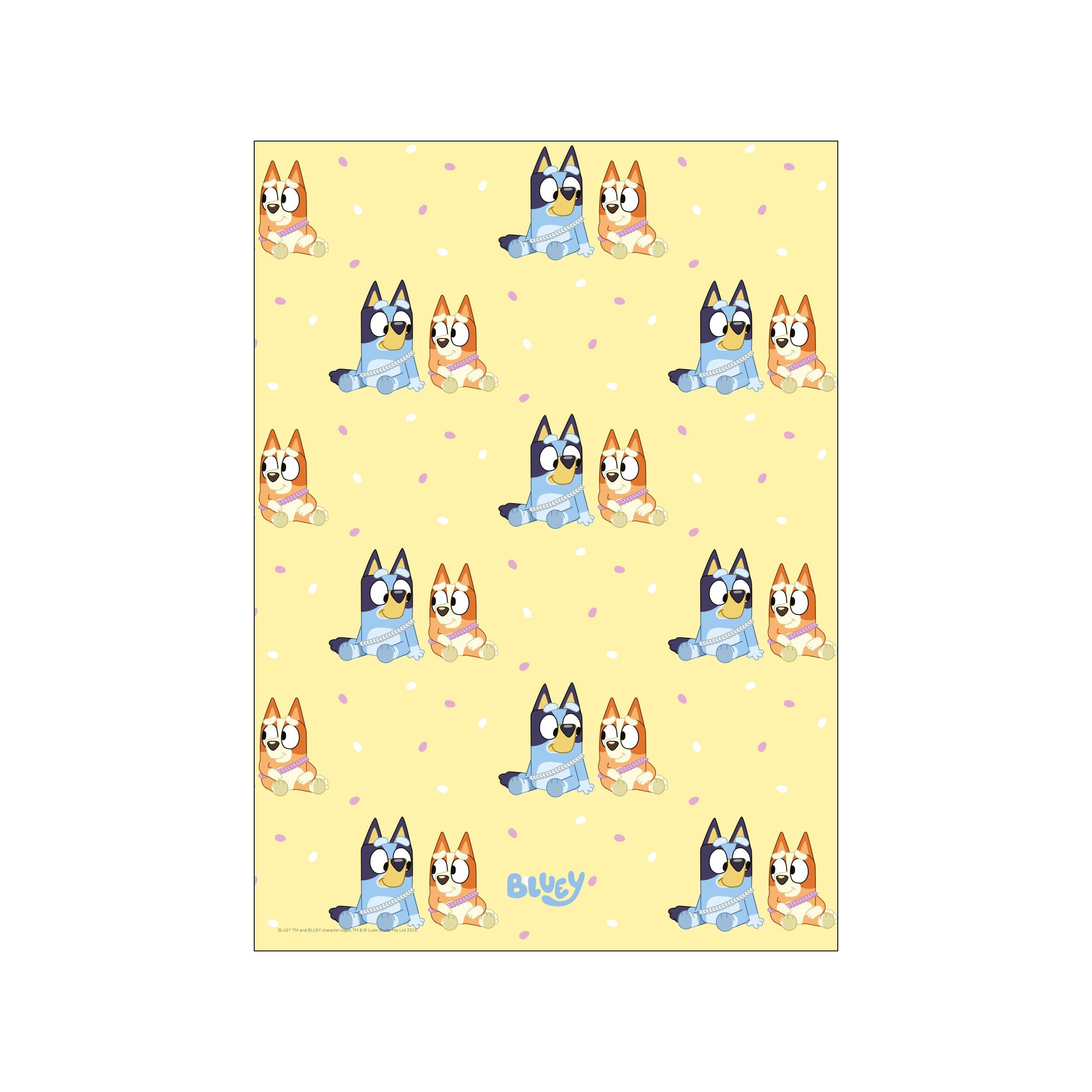 A repeating pattern of Bluey characters, a blue heeler and an orange heeler, sitting side-by-side wearing patterned necklaces against a soft yellow background dotted with white and lavender confetti.