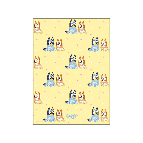 A repeating pattern of Bluey characters, a blue heeler and an orange heeler, sitting side-by-side wearing patterned necklaces against a soft yellow background dotted with white and lavender confetti.