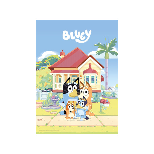 A colorful illustration of the Bluey family standing in front of their yellow house on a sunny day. The artwork features a warm palette of blues, yellows, and greens, evoking a cheerful and playful family.