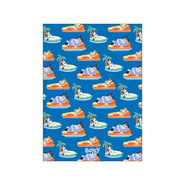 A whimsical repeating pattern of cartoon dogs relaxing on inflatable islands, featuring vibrant blues, oranges, and yellows, evoking a fun and carefree summer vibe for any room.