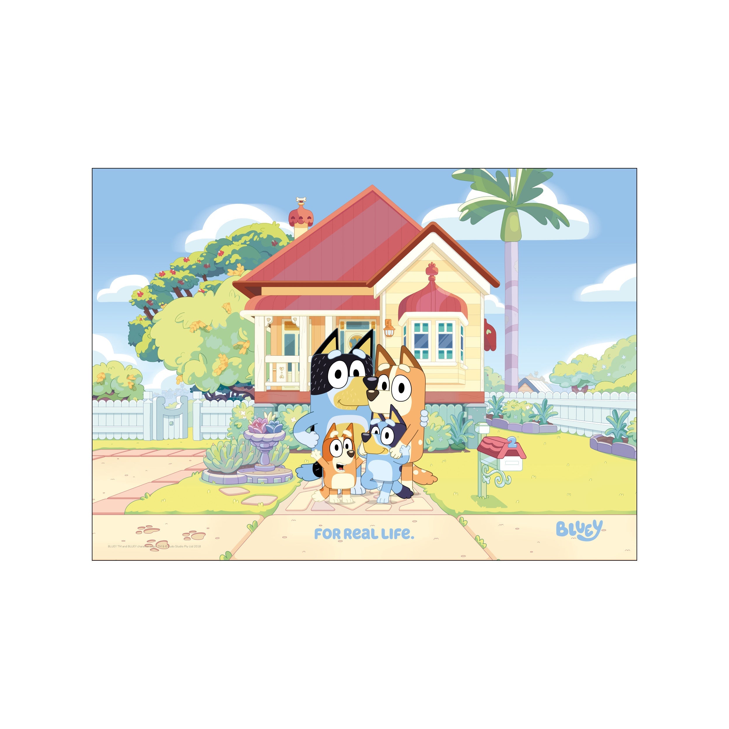 A stylized illustration of the Bluey family standing in front of their charming yellow house with a red roof, surrounded by a lush green garden and a picket fence under a bright blue sky.