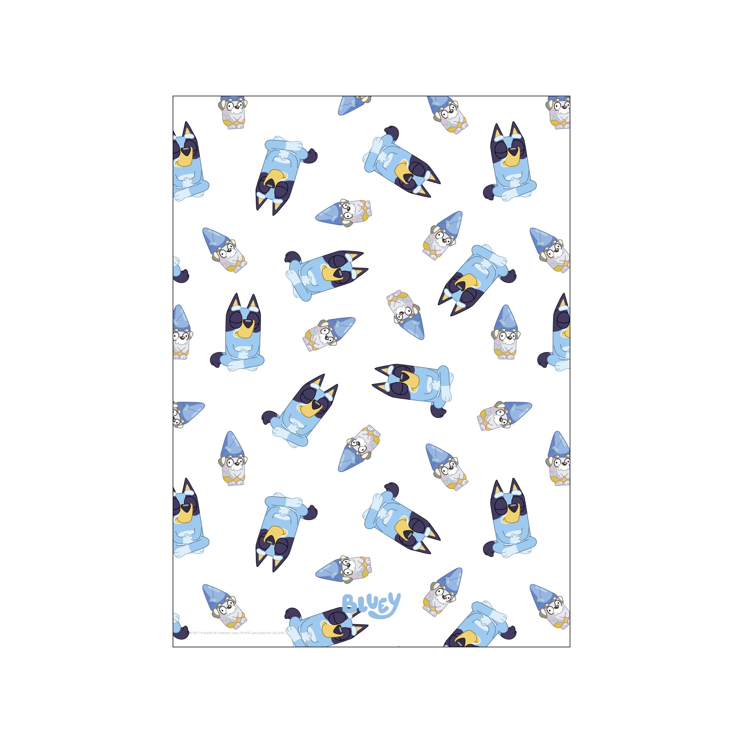 A delightful pattern featuring the character Bluey and other gnome-like figures in shades of blue, grey, and yellow against a white background, designed to add a whimsical and charming touch to interior spaces.