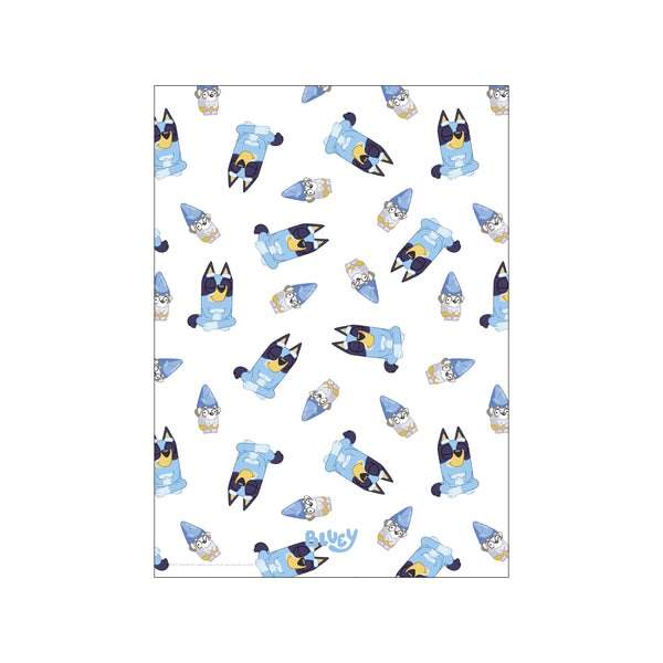 A delightful pattern featuring the character Bluey and other gnome-like figures in shades of blue, grey, and yellow against a white background, designed to add a whimsical and charming touch to interior spaces.