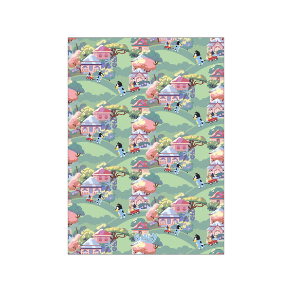 A charming, repeating pattern artwork depicting a cheerful scene of cartoon dogs pulling a red wagon past pastel-colored houses and trees on gently sloping green hills.