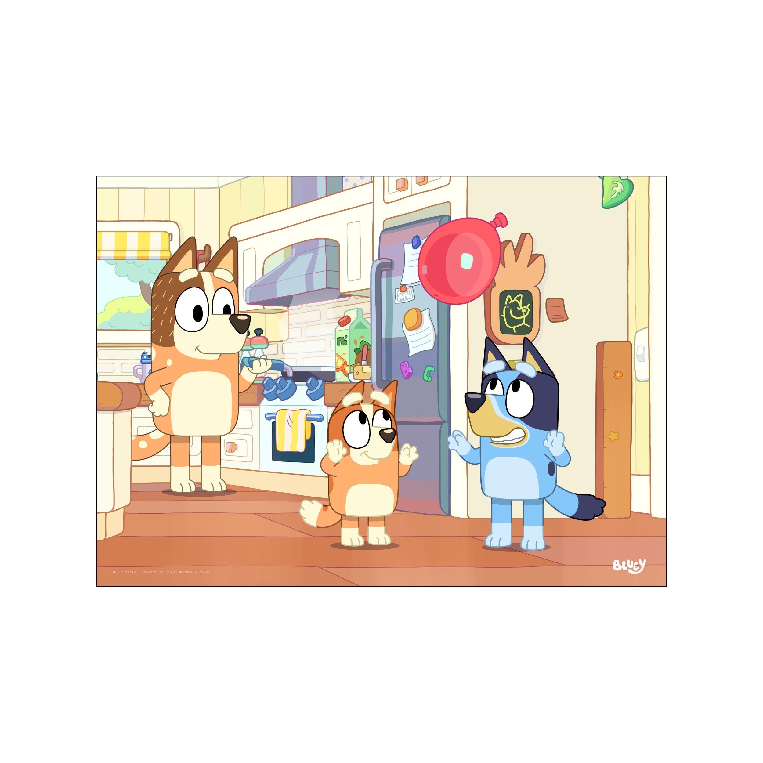 An illustration of three cartoon dogs, two adults and one child, playing Keepy Uppy with a red balloon in a sunlit kitchen. The scene is filled with warmth, vibrant colors, and a sense of joyful.
