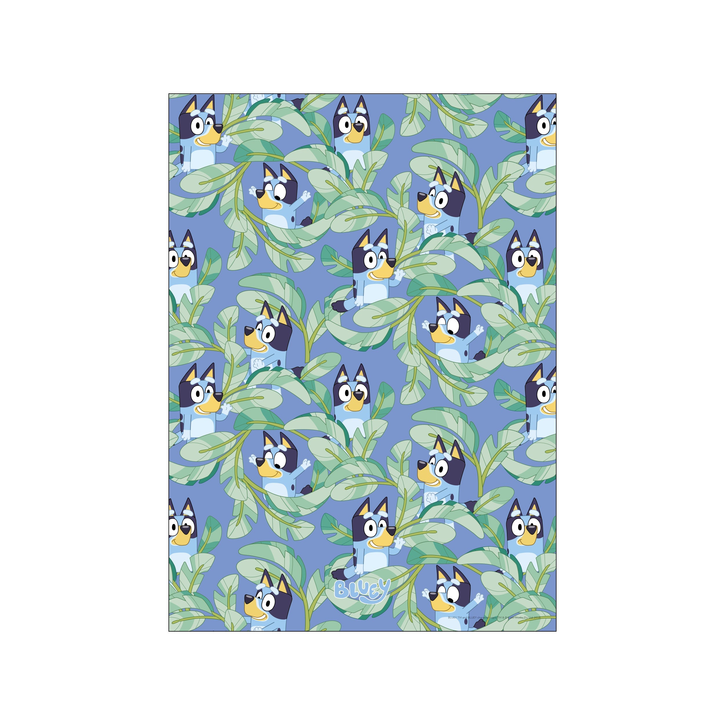 A charming illustration featuring the character Bluey peeking through large, stylized green leaves against a soft blue background, evoking a playful and serene jungle vibe.