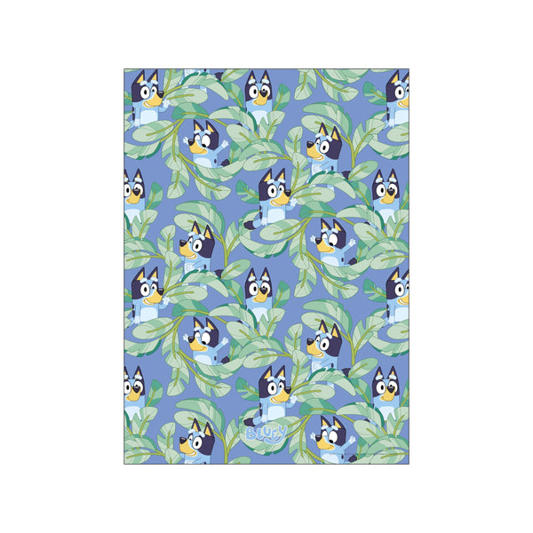 A charming illustration featuring the character Bluey peeking through large, stylized green leaves against a soft blue background, evoking a playful and serene jungle vibe.