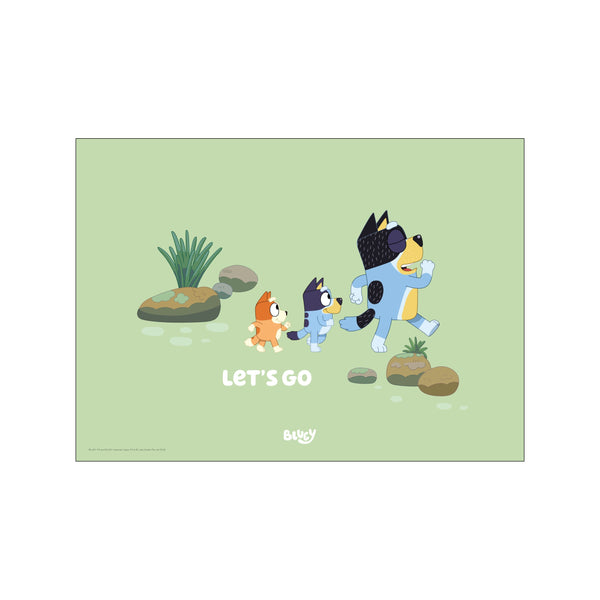 Bluey characters, Bingo and Bandit, embark on an adventure across a soft green landscape with simple rocks and plants, a white 'LET'S GO' text above them.
