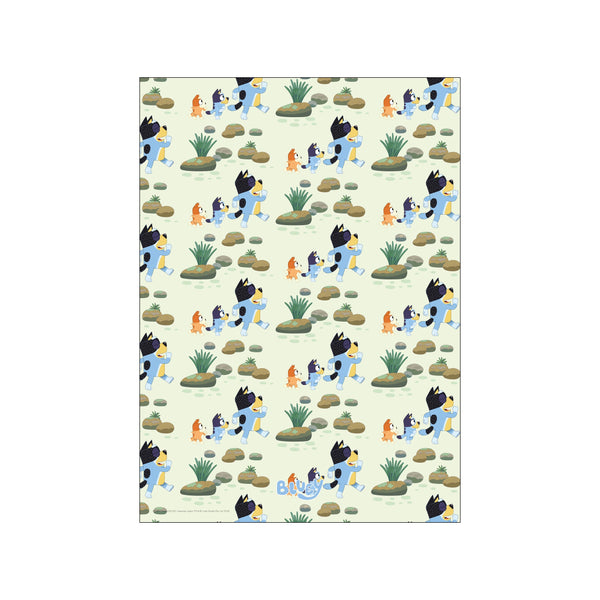 A repeating pattern art print featuring the characters from Bluey running through a landscape of rocks and green grass, rendered in soft, lighthearted colors.