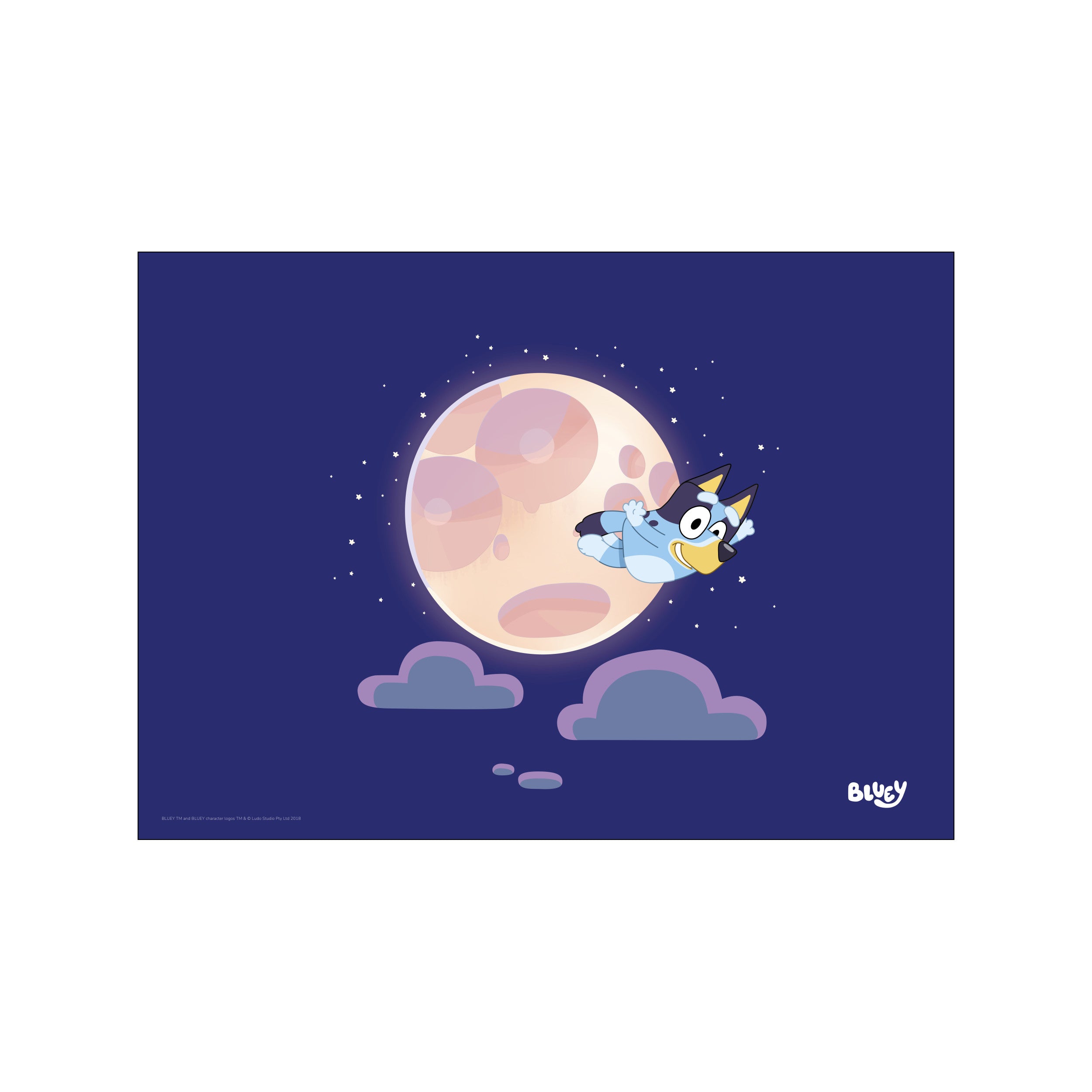 A playful blue dog character flies through a starry night sky in front of a large, soft peachy moon, with fluffy purple-tinted clouds below. A whimsical, dreamlike scene.