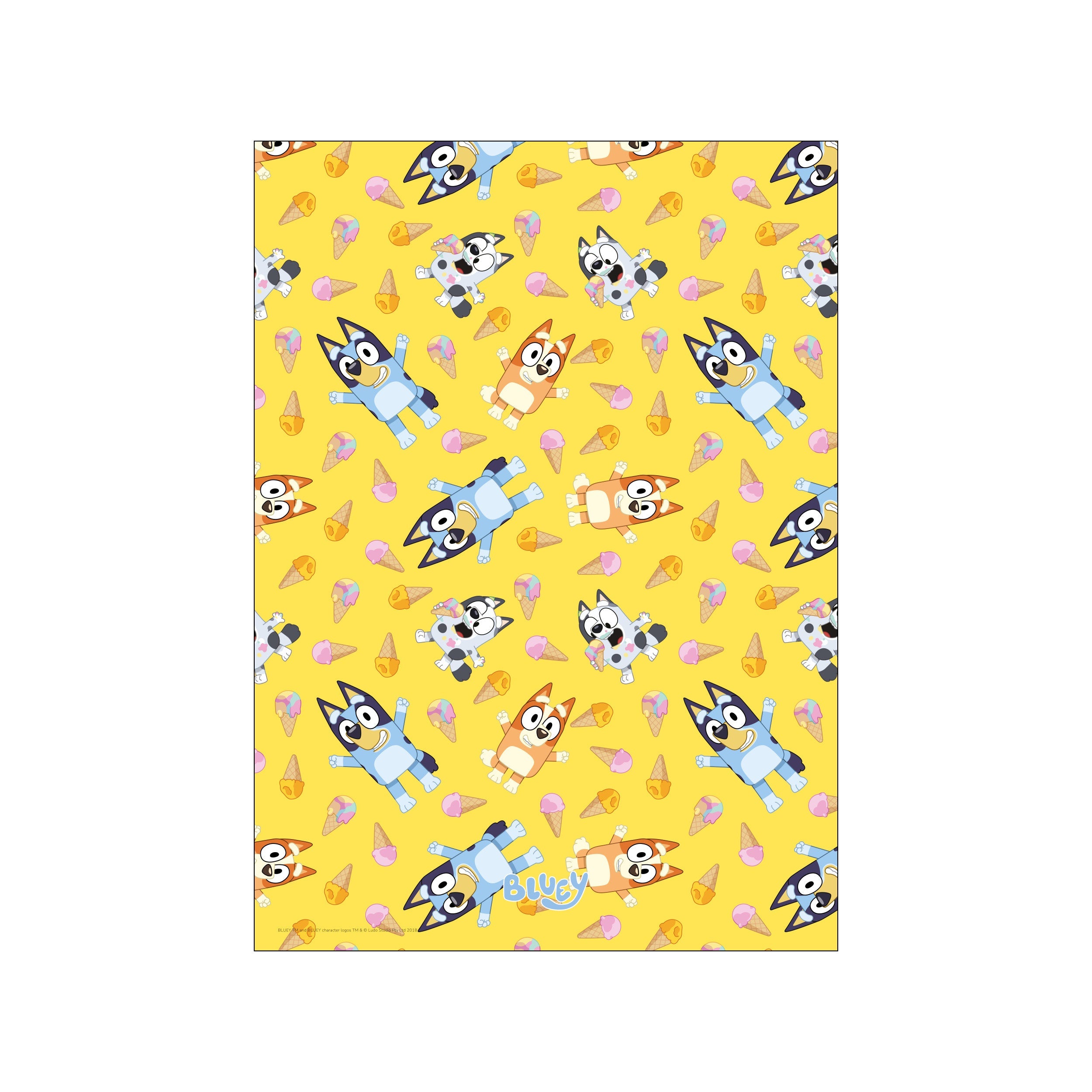 A delightful pattern featuring Bluey characters and ice cream cones scattered across a bright yellow background, evoking a fun and playful summer atmosphere.