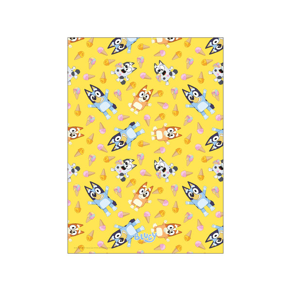 A delightful pattern featuring Bluey characters and ice cream cones scattered across a bright yellow background, evoking a fun and playful summer atmosphere.