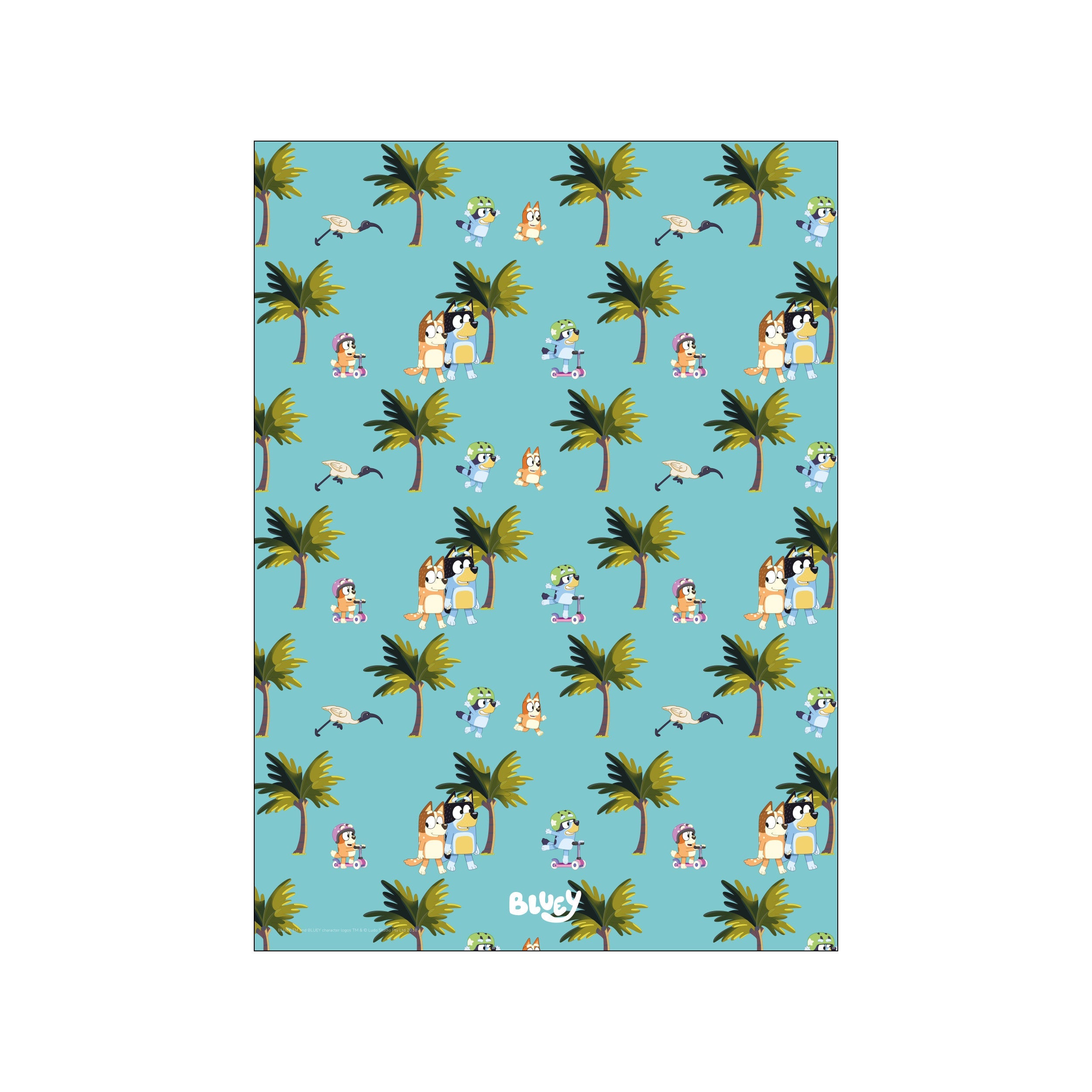 A playful, repeating pattern featuring cartoon dogs in casual attire, some riding scooters, amidst stylized palm trees and birds against a bright aqua blue background.