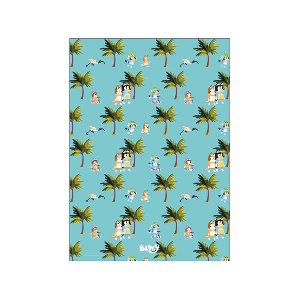 A playful, repeating pattern featuring cartoon dogs in casual attire, some riding scooters, amidst stylized palm trees and birds against a bright aqua blue background.