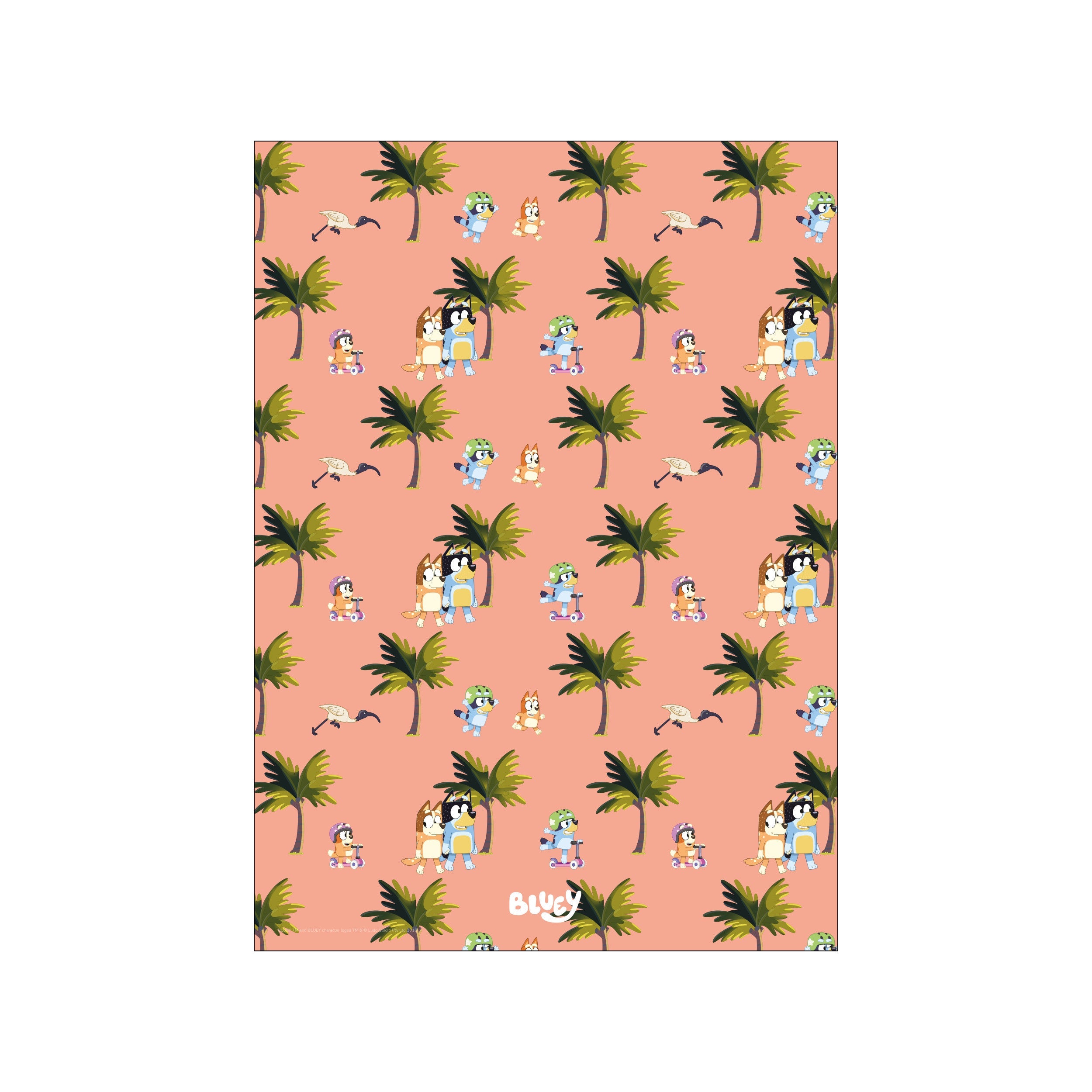A whimsical pattern featuring palm trees, a white ibis, and characters from Bluey on scooters and walking, set against a soft coral background, creating a playful tropical scene.