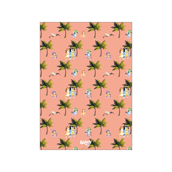 A whimsical pattern featuring palm trees, a white ibis, and characters from Bluey on scooters and walking, set against a soft coral background, creating a playful tropical scene.