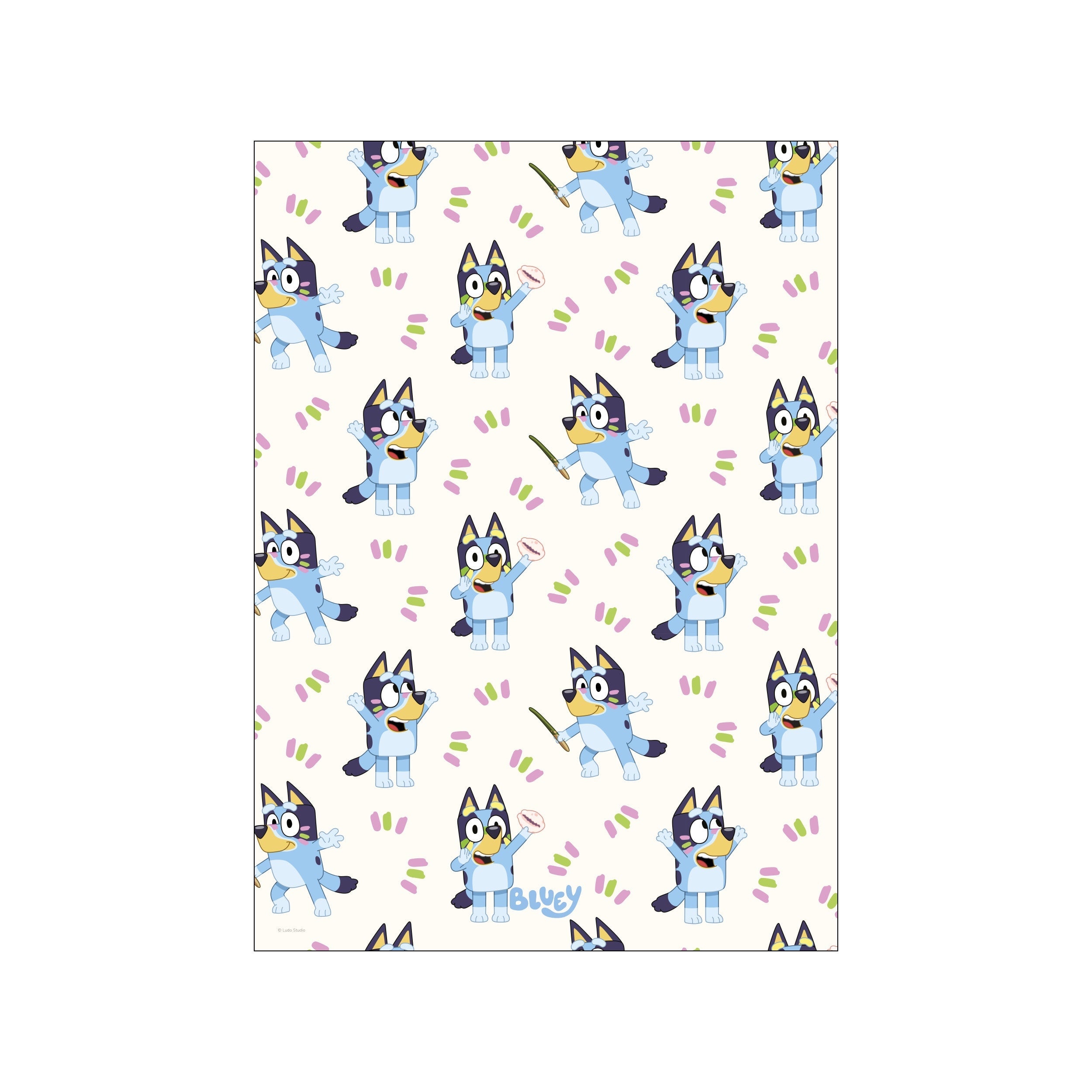 A playful arrangement of Bluey characters in various animated poses against a cream background, accented with delicate lilac and sage green brushstrokes. The image radiates cheerful energy.