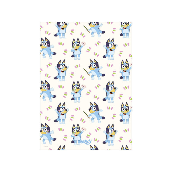 A playful arrangement of Bluey characters in various animated poses against a cream background, accented with delicate lilac and sage green brushstrokes. The image radiates cheerful energy.