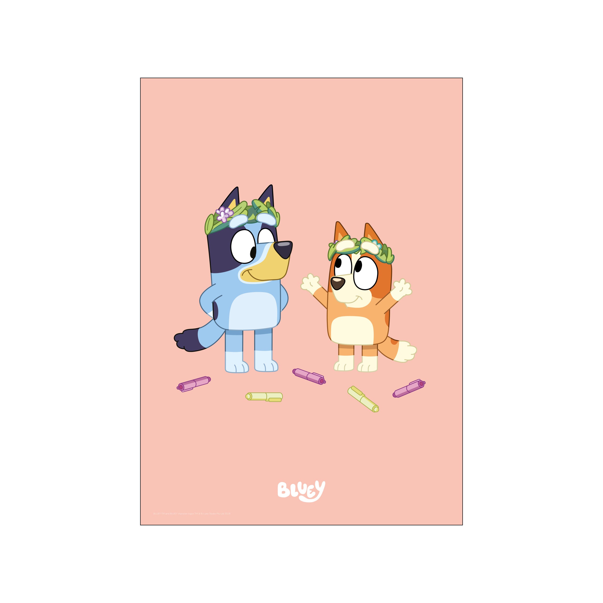Two cartoon dogs, Bluey and Bingo, wear floral wreaths on a soft pink background. Scattered around their feet are colorful crayons, suggesting creative play.