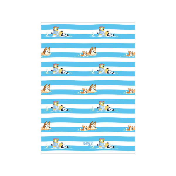 A whimsical repeating pattern of Bluey characters joyfully swimming in blue and white striped water. The artwork radiates a cheerful and lighthearted seaside atmosphere, perfect for coastal or bohemian decor.