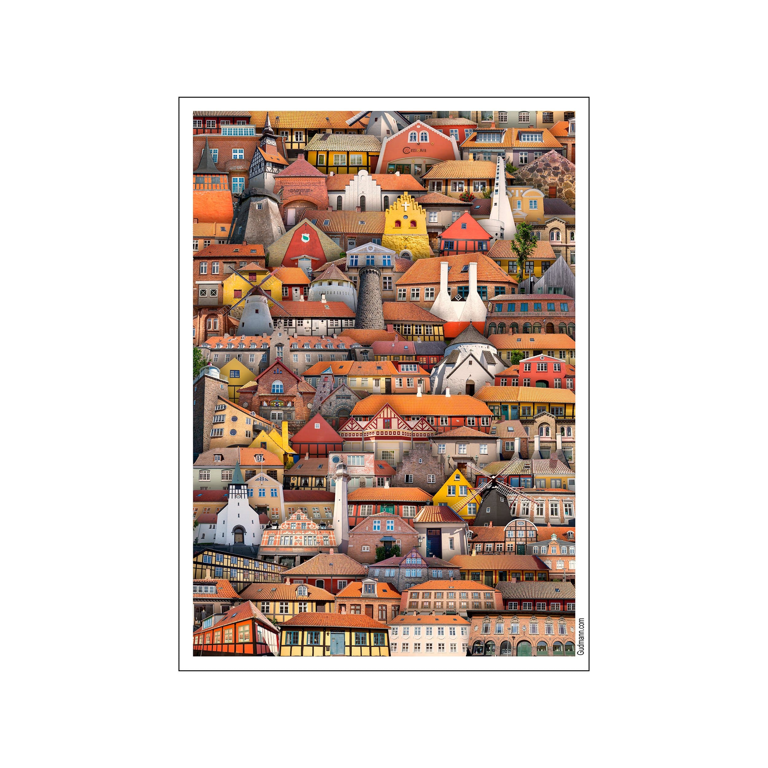 Colorful collage of Bornholm buildings with terracotta roofs, towers, and facades