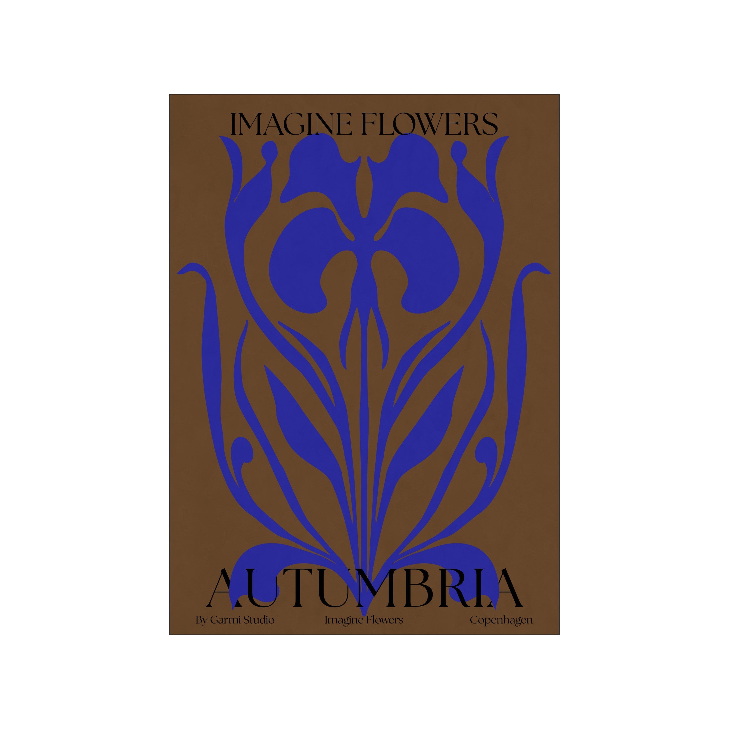 Bold sapphire blue floral illustration with flowing petals and leaves set against a rich brown background, reminiscent of Art Nouveau style, with text at the bottom.