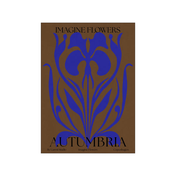 Bold sapphire blue floral illustration with flowing petals and leaves set against a rich brown background, reminiscent of Art Nouveau style, with text at the bottom.