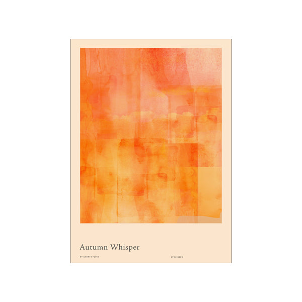 Abstract artwork titled Autumn Whisper featuring soft washes of warm orange, amber, and coral hues in a layered, watercolor-like effect, evoking a serene autumnal mood.