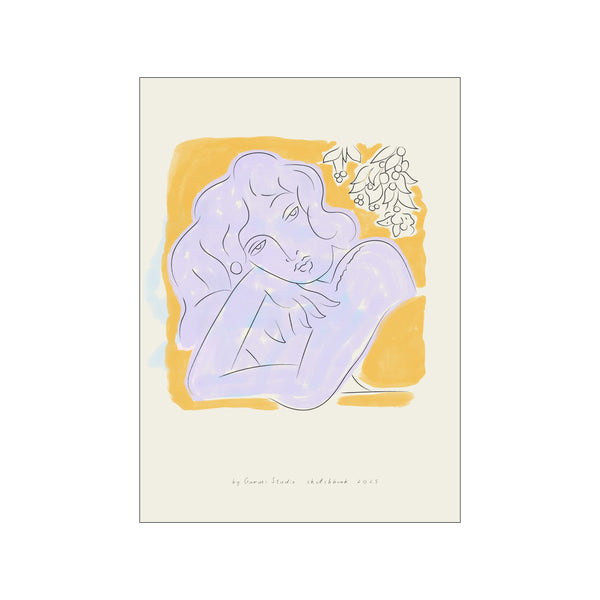 A tranquil figure in soft lavender and outline is depicted reclining against a warm ochre background, with delicate line-drawn foliage above, conveying a peaceful and artistic mood.