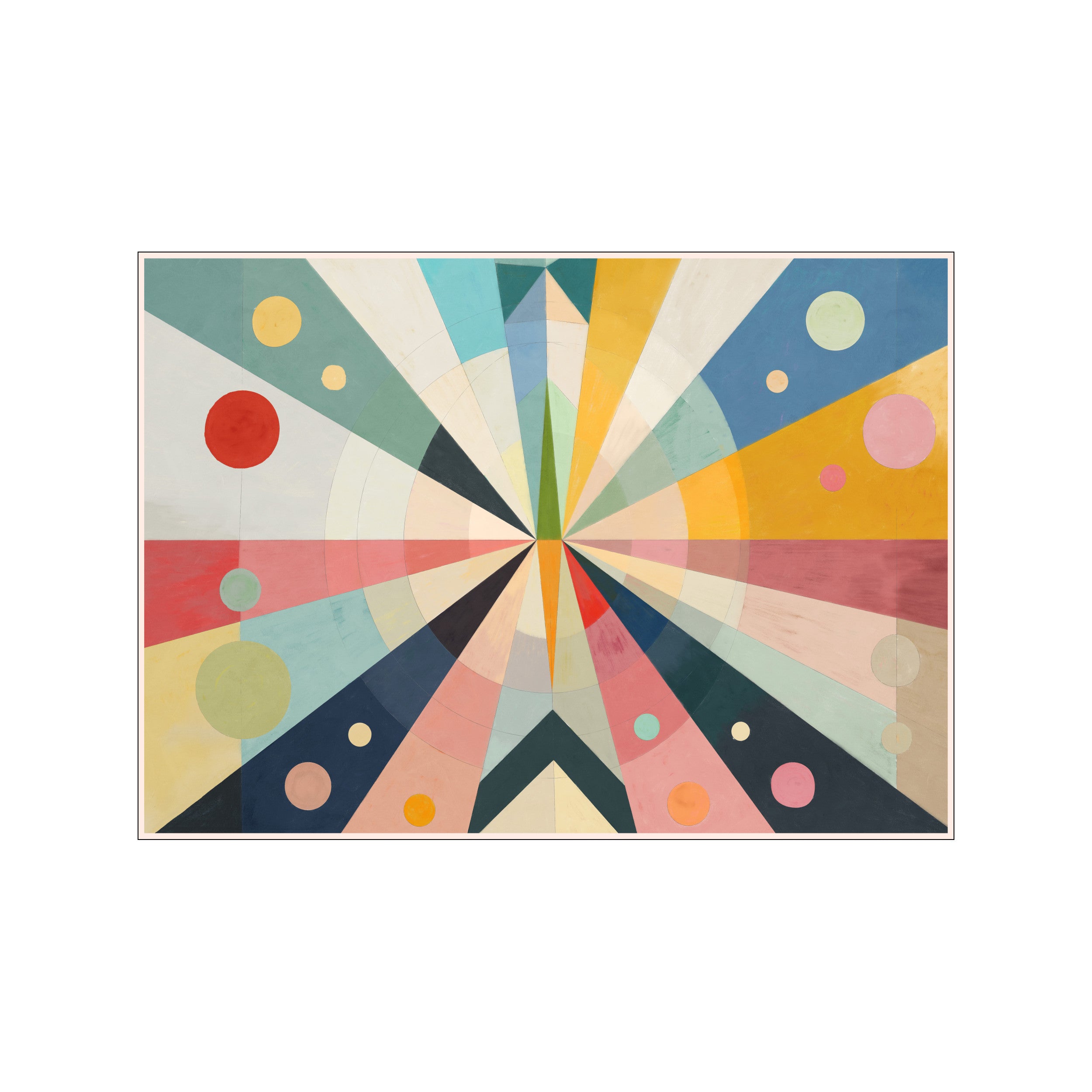 An abstract artwork featuring radiating geometric shapes and circles in a palette of pastel blues, pinks, yellows, and reds, evoking a sense of joyful movement and modern design.