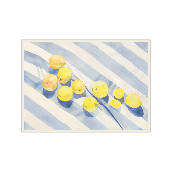 A still life arrangement of bright yellow lemons and other citrus fruits scattered across a blue and white striped cloth, bathed in soft, natural light, creating a cheerful and tranquil atmosphere.