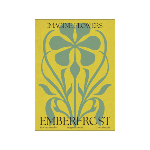 A graphic illustration of stylized botanical elements in muted sage green against a textured marigold yellow background, with the title 'Emberfrost' at the bottom.