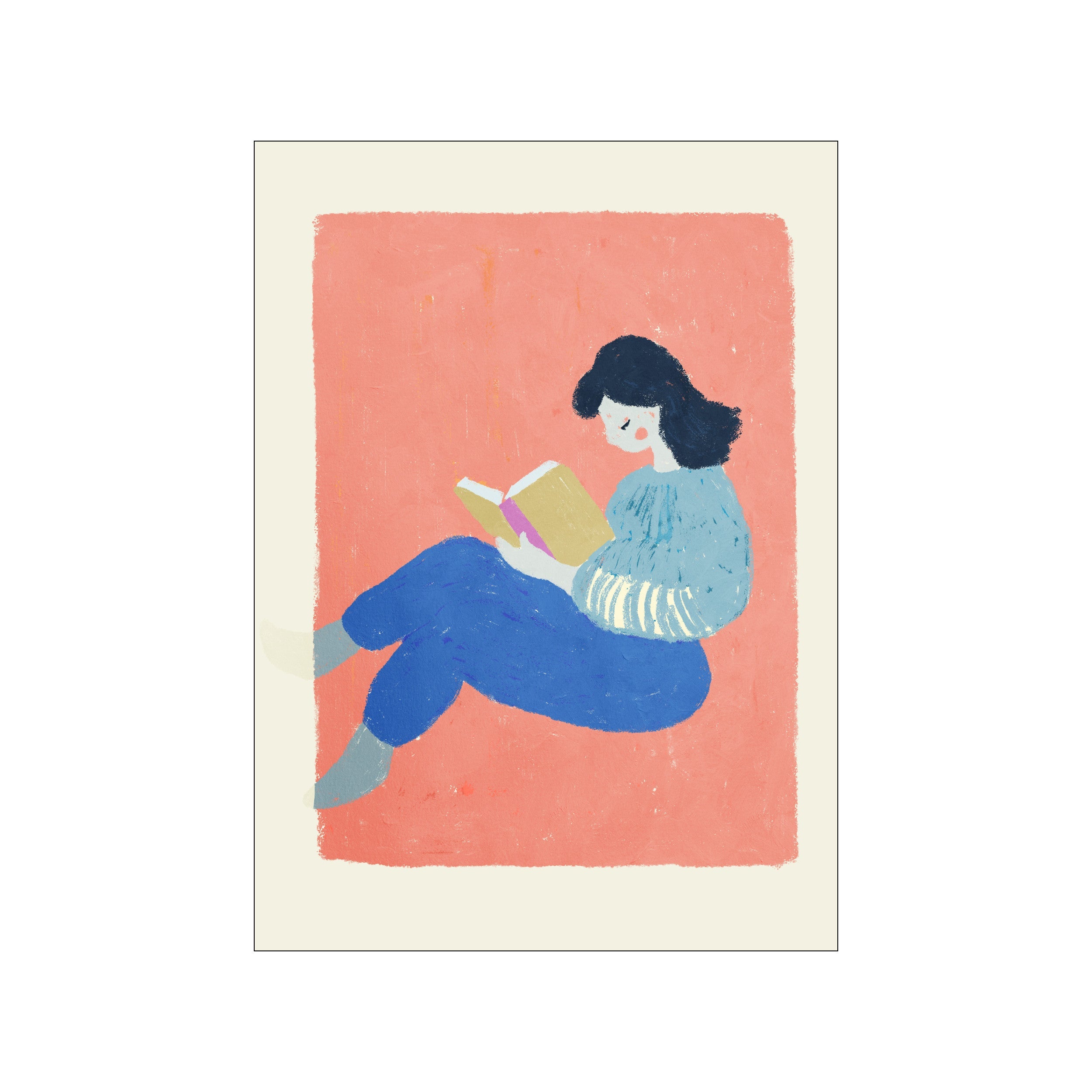 An illustration of a person with dark hair wearing a blue sweater and blue pants, sitting and reading a yellow book. The figure is set against a textured coral background within a cream border.
