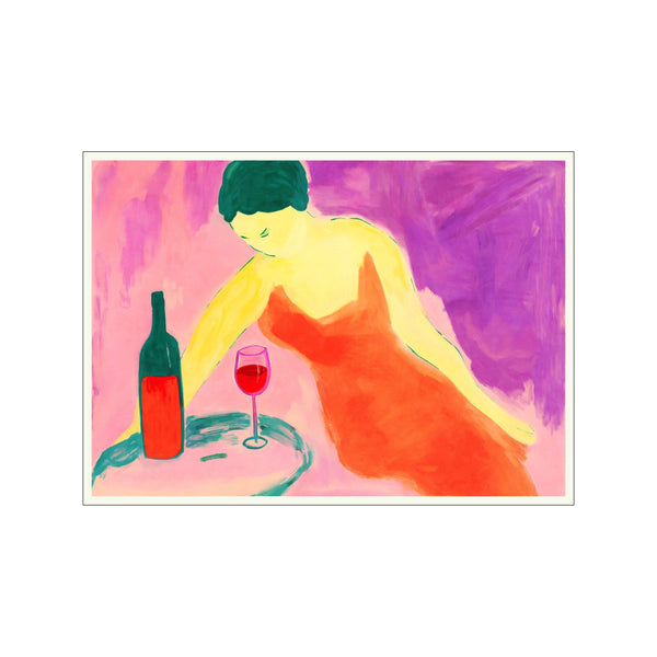A figure in a red dress leans over a table with a bottle of red wine and a glass, set against a background of bold pink and purple brushstrokes.