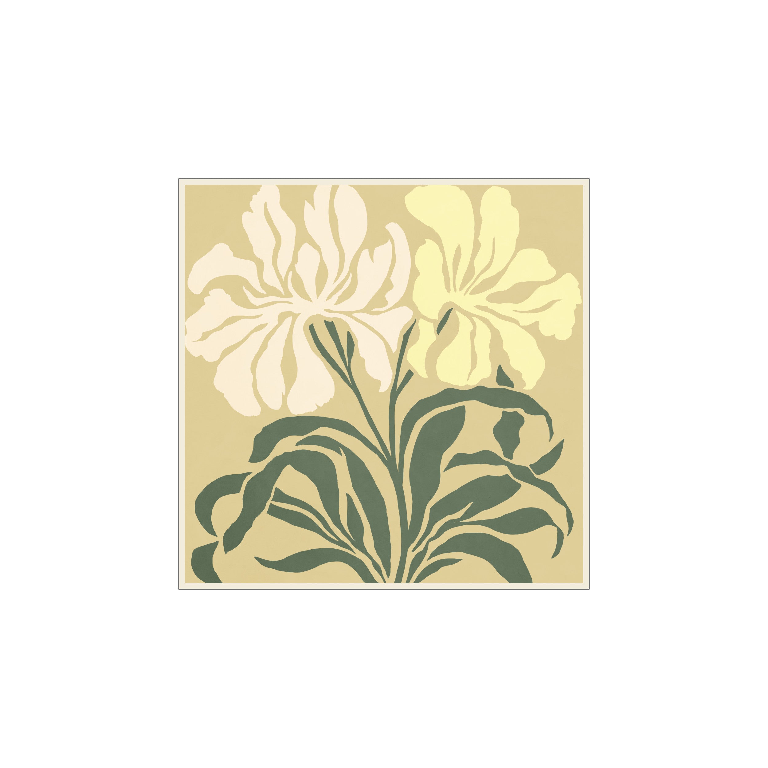 A stylized depiction of two large, creamy white and pale yellow flowers with dark green leaves, set against a soft tan background. The composition is graphic yet gentle, conveying a sense of calm and natural.
