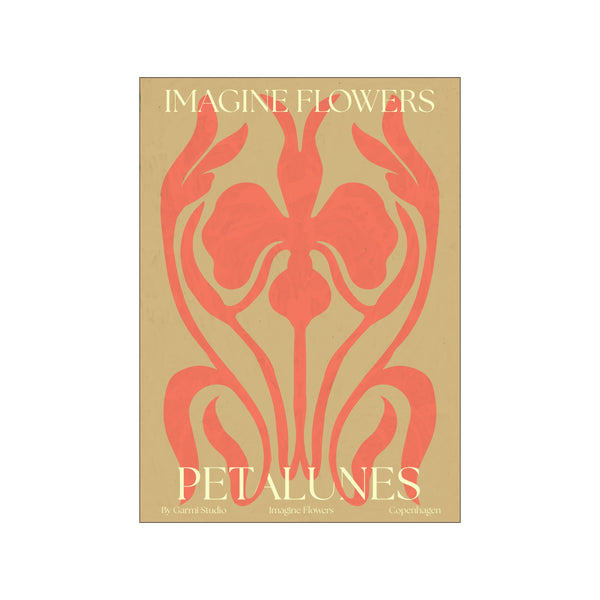 A stylized coral floral design with 'Petalunes' text in cream on a textured beige background. Evokes a feeling of vintage charm and serene natural beauty.