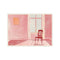 A painting of an empty room with pink walls, a wooden chair in front of a window, and sunlight casting long shadows on the floor.