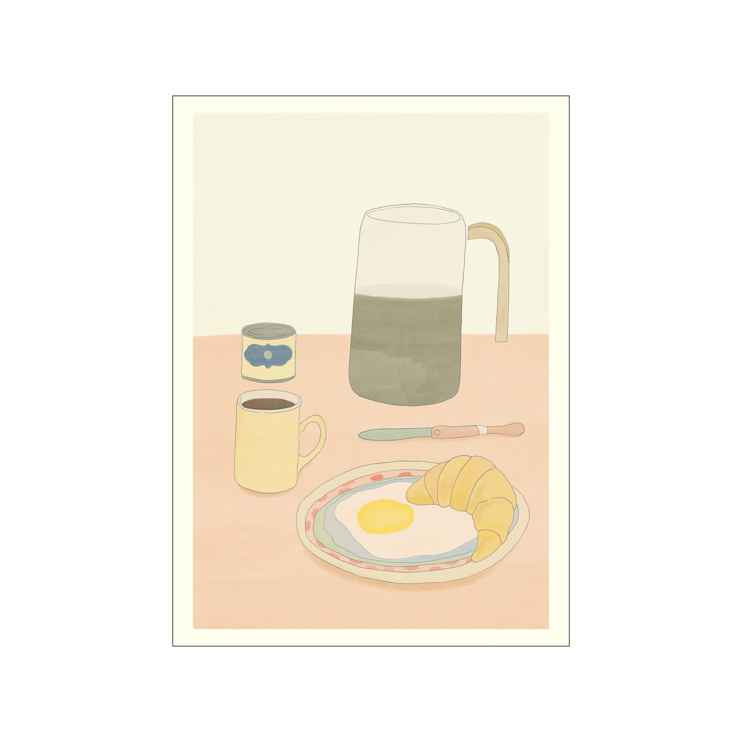 A charming illustration of a breakfast setting, featuring a croissant, fried egg, coffee mug, and a carafe. The artwork uses a soft, muted color palette of pale yellows, creams, and earthy greens, conveying a calm.