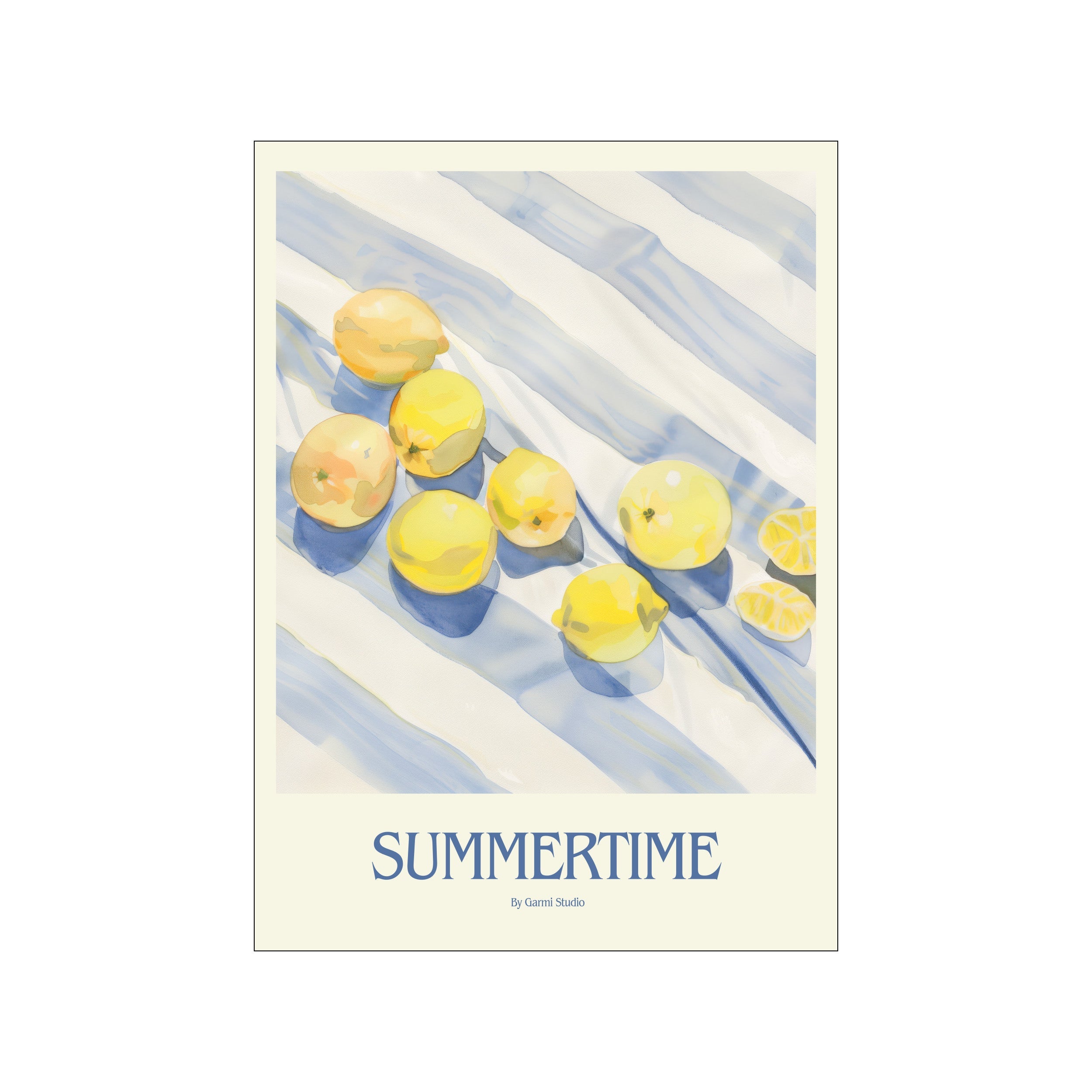 A still life composition featuring bright yellow lemons scattered across a backdrop of soft blue and white stripes, capturing a serene summer mood.