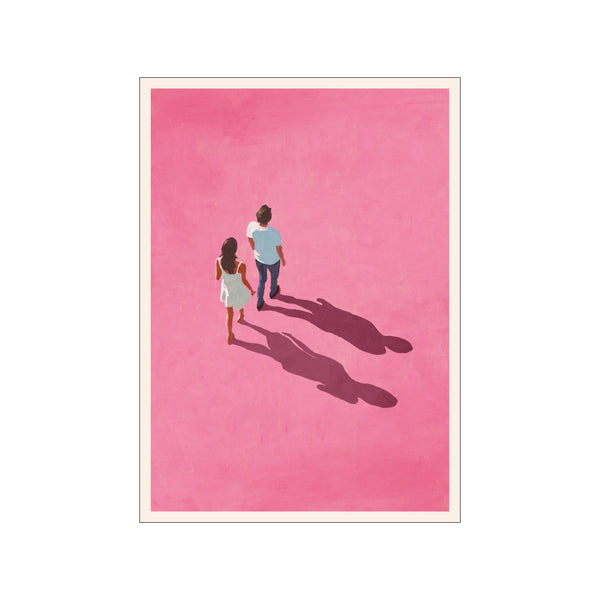 An elevated view of two figures, a woman in a light dress and a man in a blue shirt and jeans, walking across a bright pink textured surface, casting long, deep shadows.