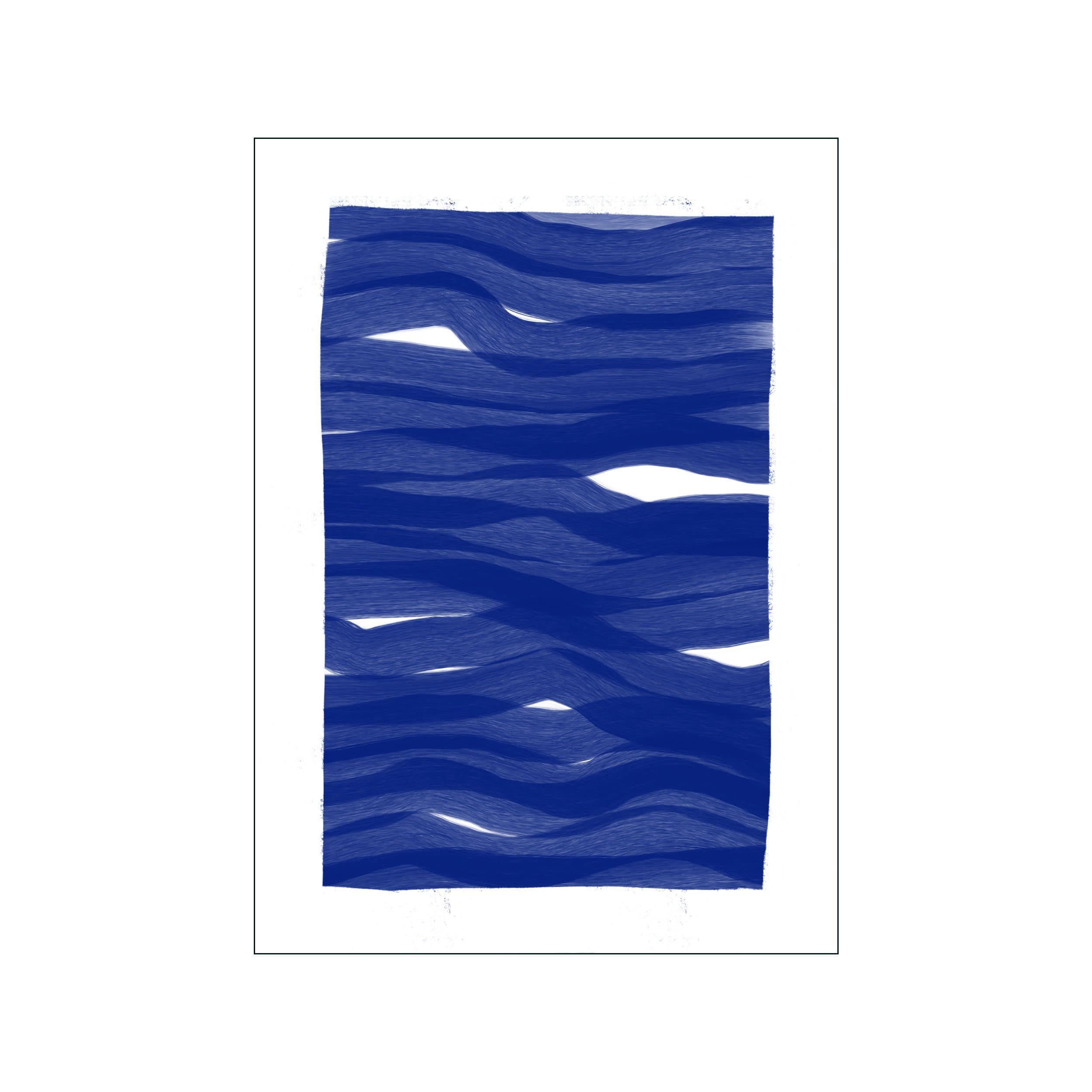 Abstract print with layered deep blue wave bands on a white background