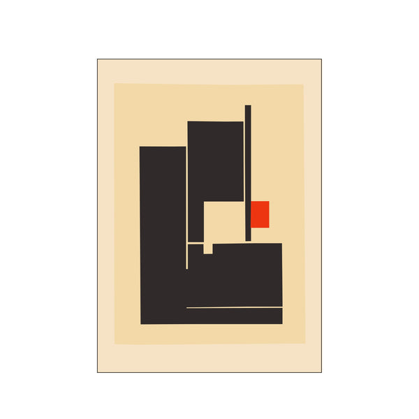 An abstract geometric composition featuring dark grey shapes against a creamy beige background, with a small, bright red square as a focal point, evoking modern art.