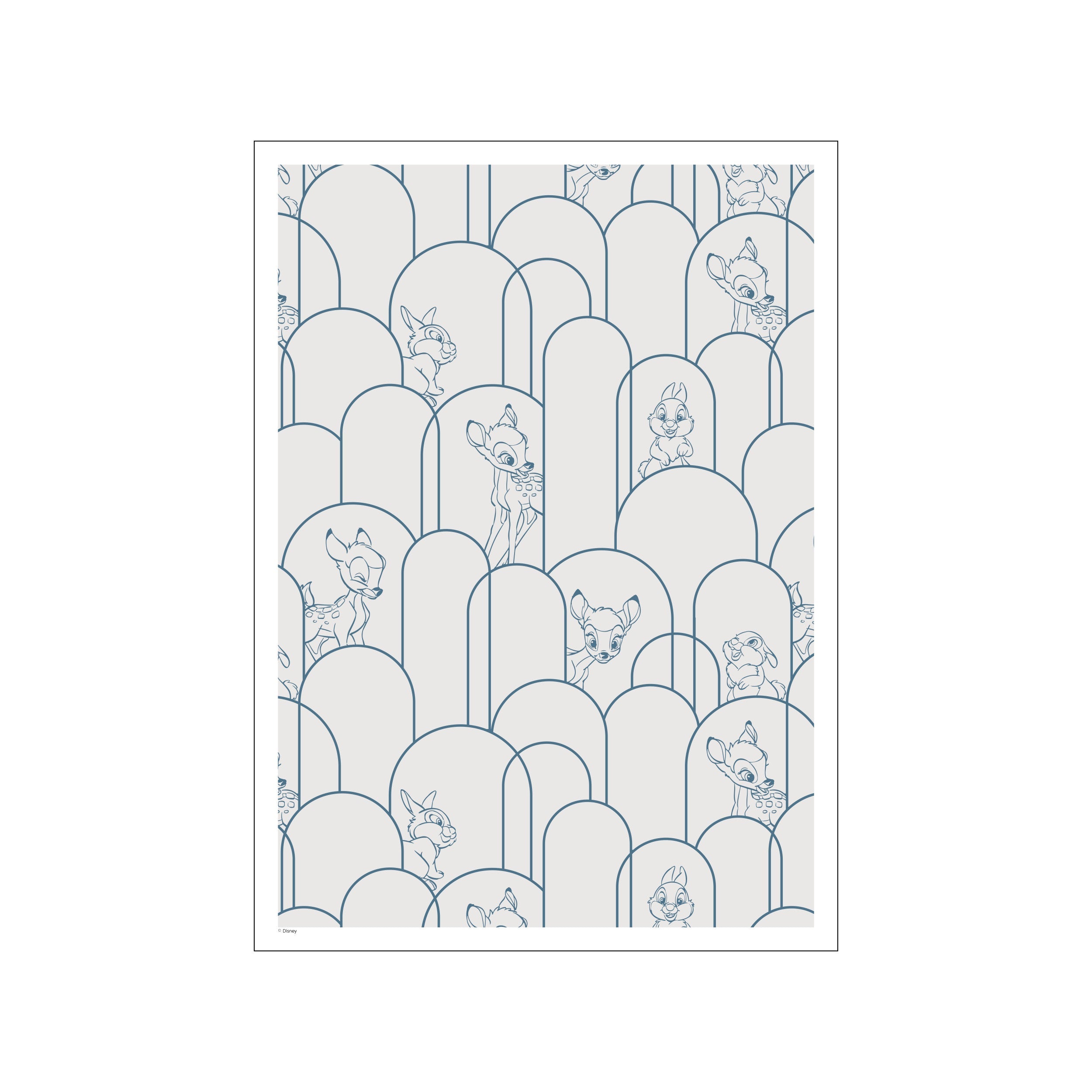 A repeating pattern featuring the outline of Bambi and Thumper peeking from behind soft, rounded shapes in blue and a neutral beige background.