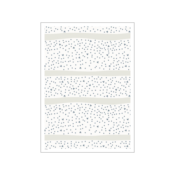 An abstract pattern featuring scattered slate-blue dots and soft taupe wavy bands on a cream background, hinting at playful, serene, and modern charm.